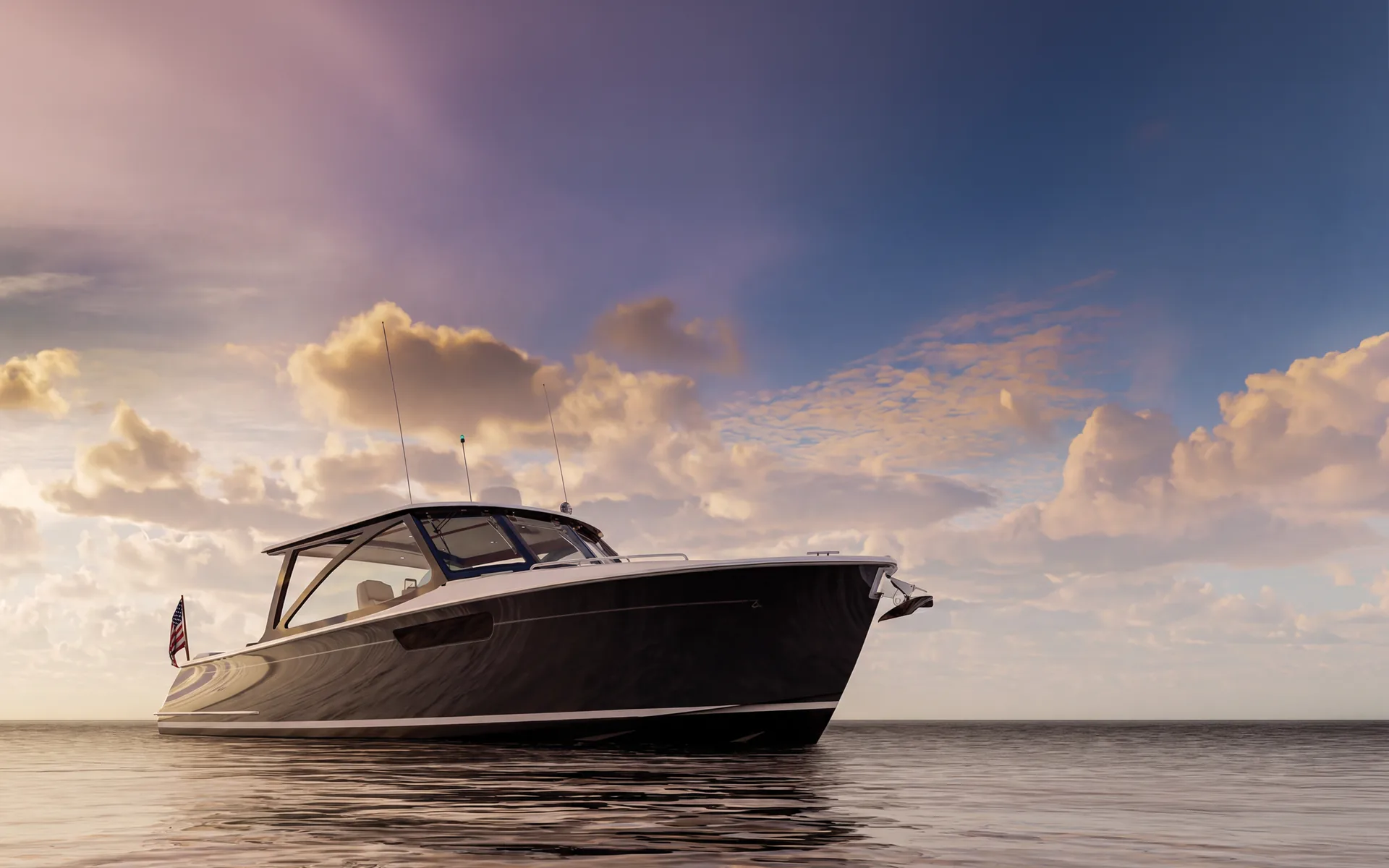 MJM 38V at anchor on calm water at sunset
